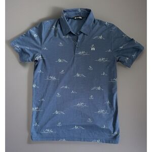 Travis Mathew Men's Polo Shirt Logo Blue w/Outdoor All Over Print Medium JBHS